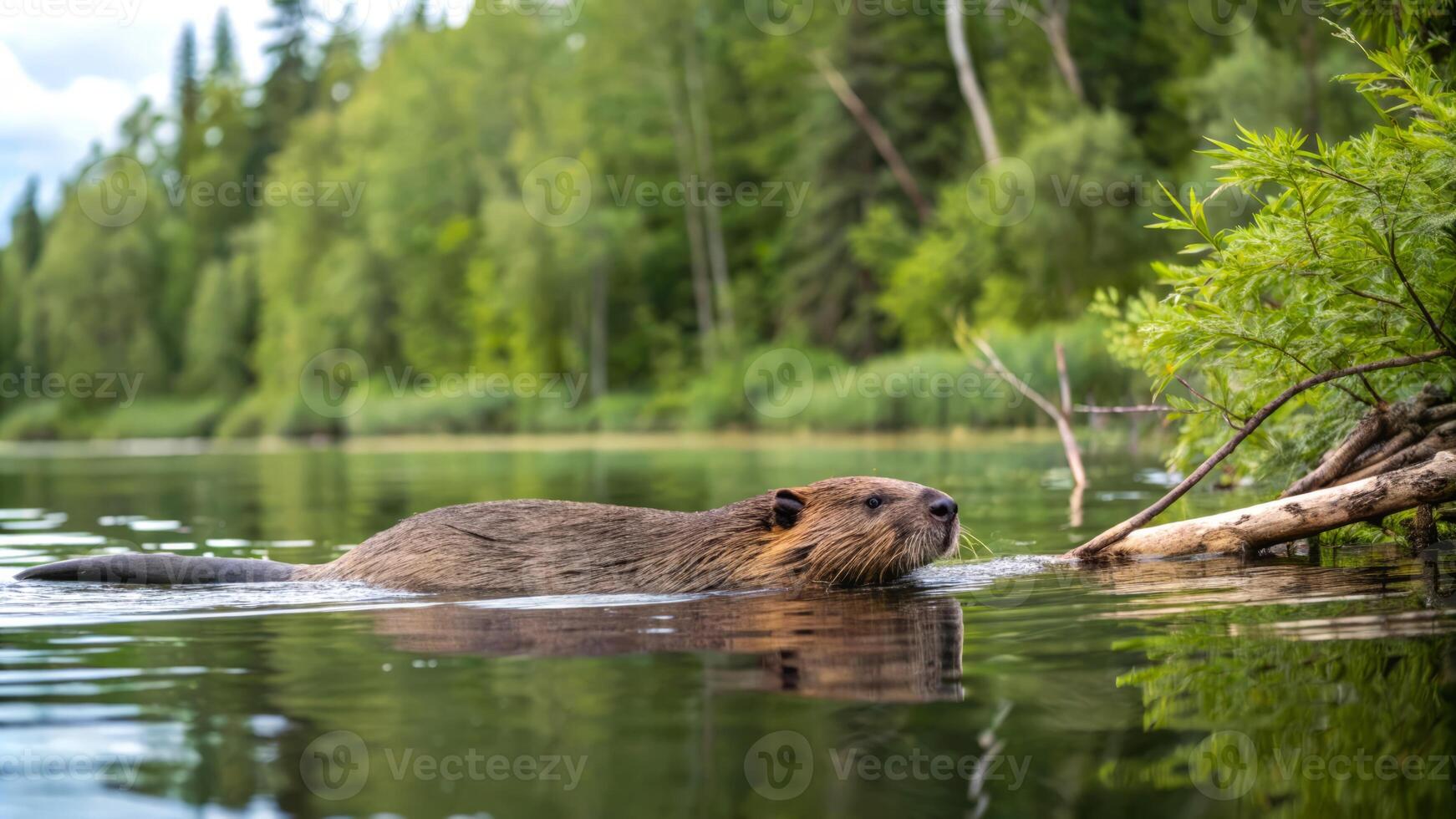 Beaver on water and trees. Big beaver in a river outlet gnawing on a branch. Detailed view of a beaver, with a focus on its wet fur and attentive eyes in its natural habitat. photo