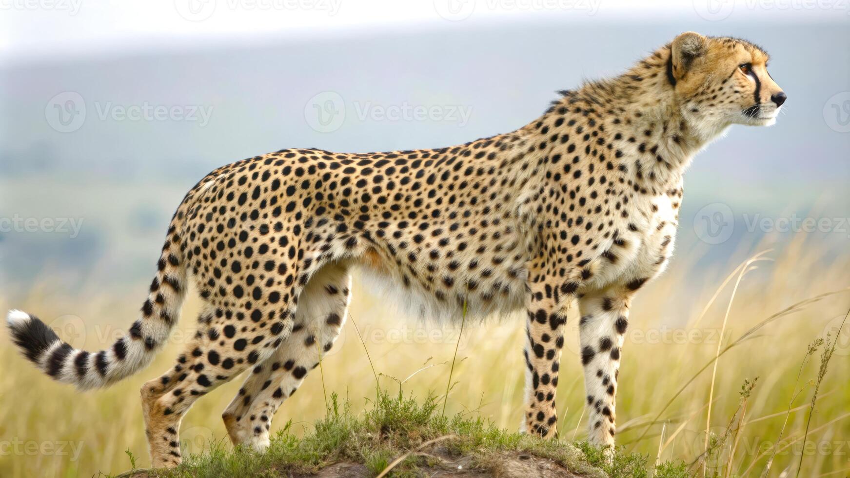 Cheetah is a large cat and the fastest land animal. A stunning image of a cheetah in the wild, showcasing its natural habitat. Close up, selective focus. photo