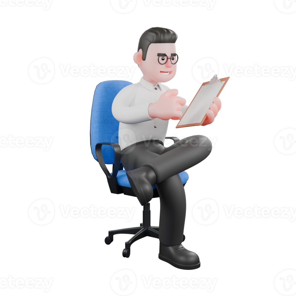 Animated 3D Cartoon. A male producer sits in his work chair while holding a clipboard. Producer Character png
