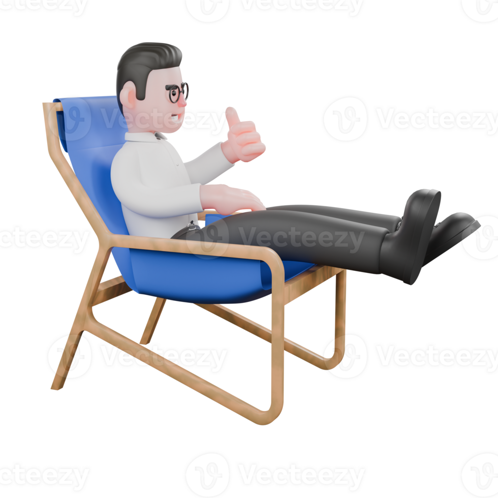 3D Producer Character. A male producer sits on a chair with his legs stretched out and his left hand sticking out his thumb. Professional Illustration png