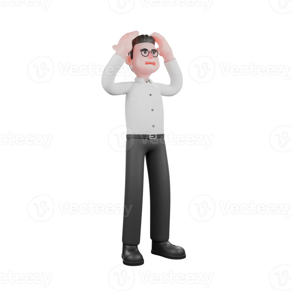 Producer Character in 3D. A male producer stands with both hands on his head. Cartoon 3D Model png