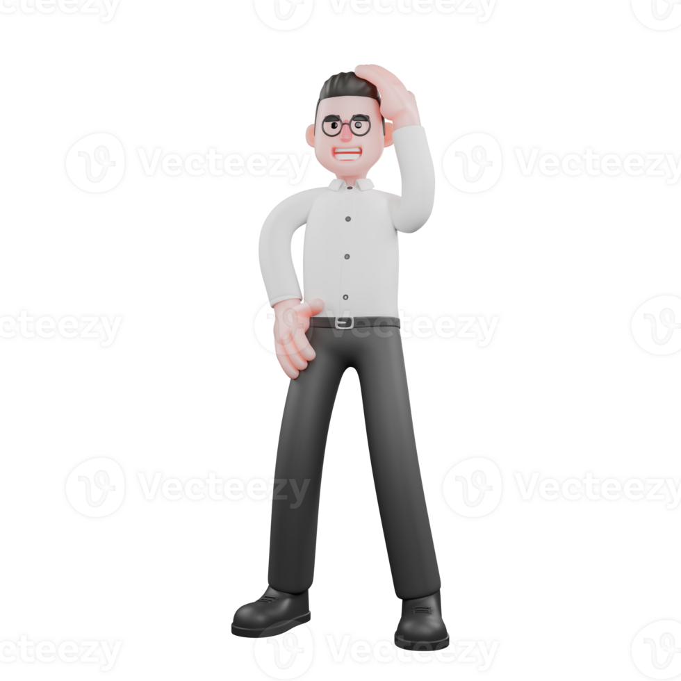 Movie Producer 3D Cartoon. A male producer stands with one hand on his head while the other hand is on his waist. 3D Style png