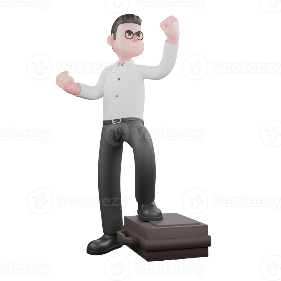 Filmmaker Producer Cartoon. A male producer stands with one leg on a briefcase, hands clenched in the air, hero expression. Cartoon 3D Model png