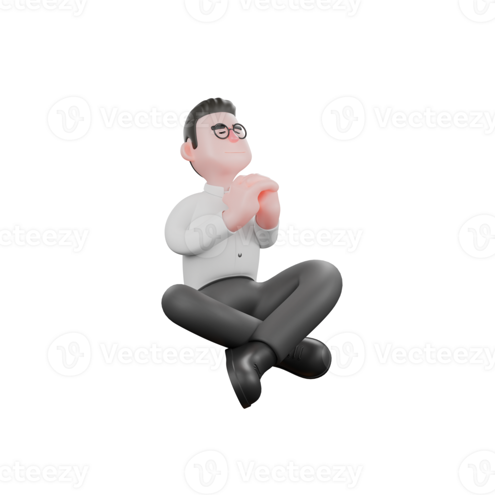 Creative Producer Cartoon. A male producer sits on the floor cross-legged with both hands clenched as if meditating. Professional Illustration png