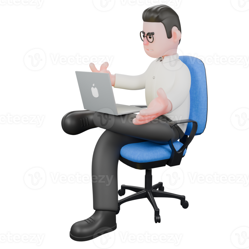 Film Producer 3D Cartoon. A male producer sits in his work chair while holding his labtop and both palms on his right and left sides. Movie Model png