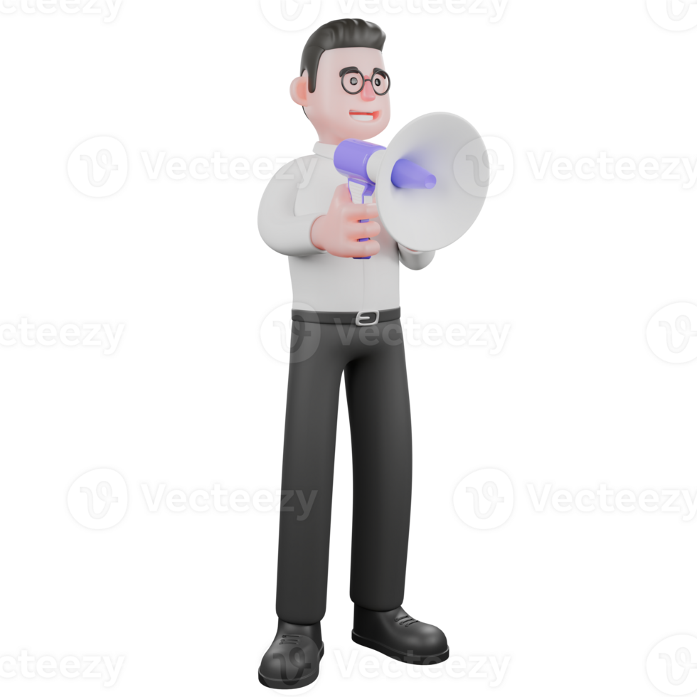 3D Model Cartoon Producer. A male Producer stands up while talking to the loudspeaker aid he is holding. Professional Illustration png