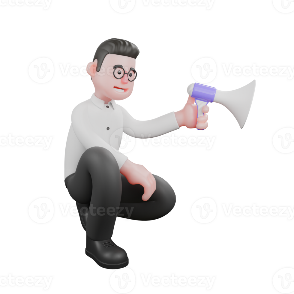 3D Cartoon Filmmaker. A male producer squatted down to grab a loudspeaker. Movie Style png