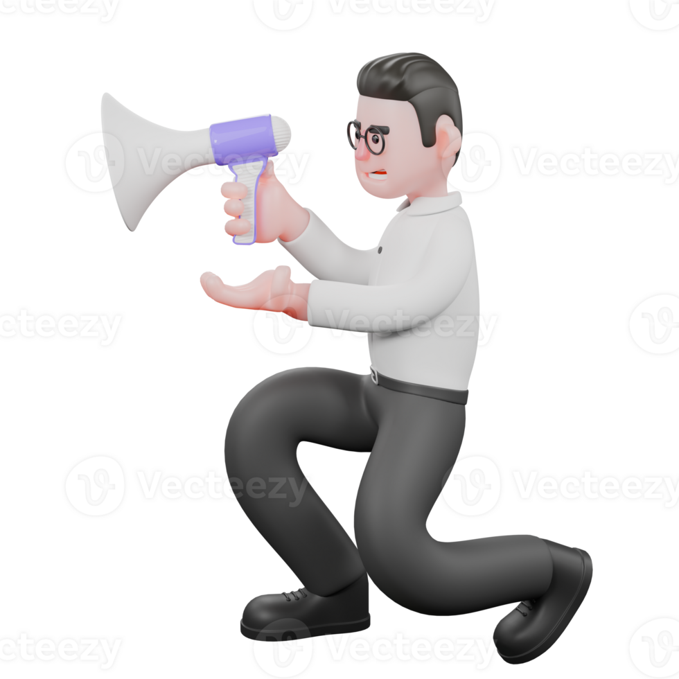 Cartoon Movie Director. A male producer crouches facing the right while holding a loudspeaker. Director Model png