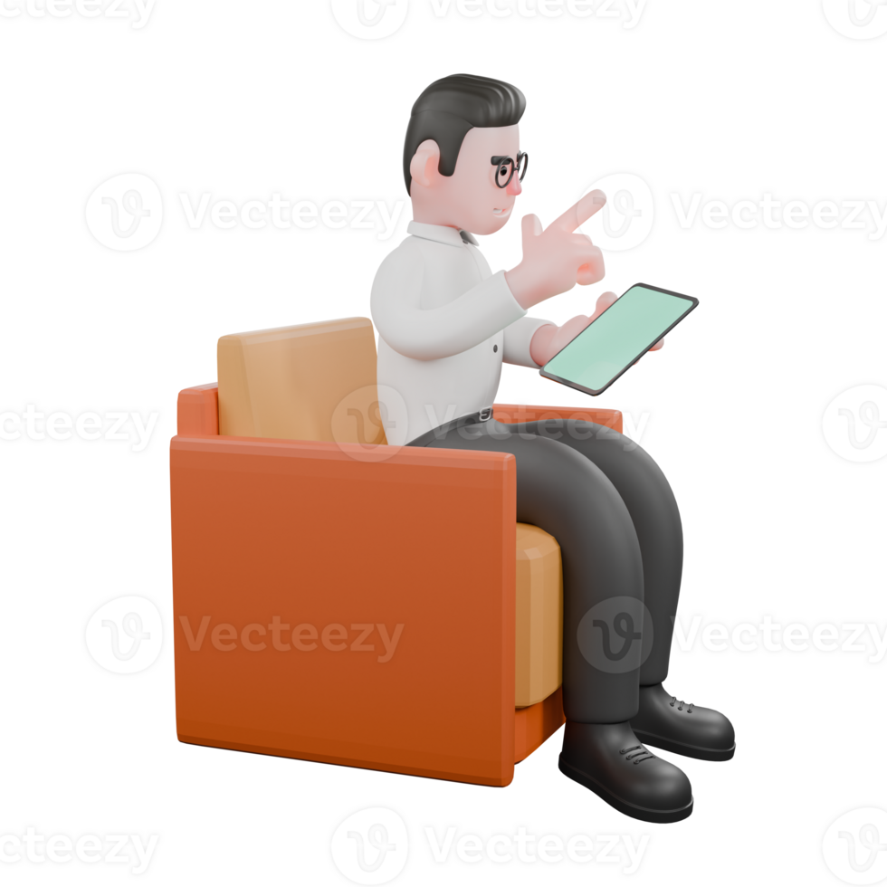 Producer Character in 3D. A male producer sits on a sofa with his left hand holding a tablet and his right hand forming a gun symbol. Professional Cartoon png