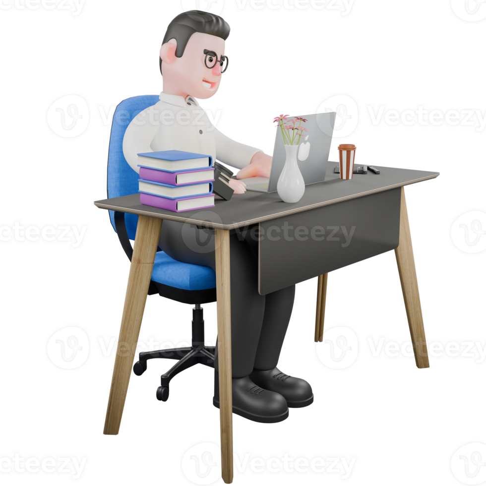 3D Creative Model. A male producer sits on a chair with a laptop on the table while typing with both hands on the keyboard, with a focused expression. 3D Cartoon Model png