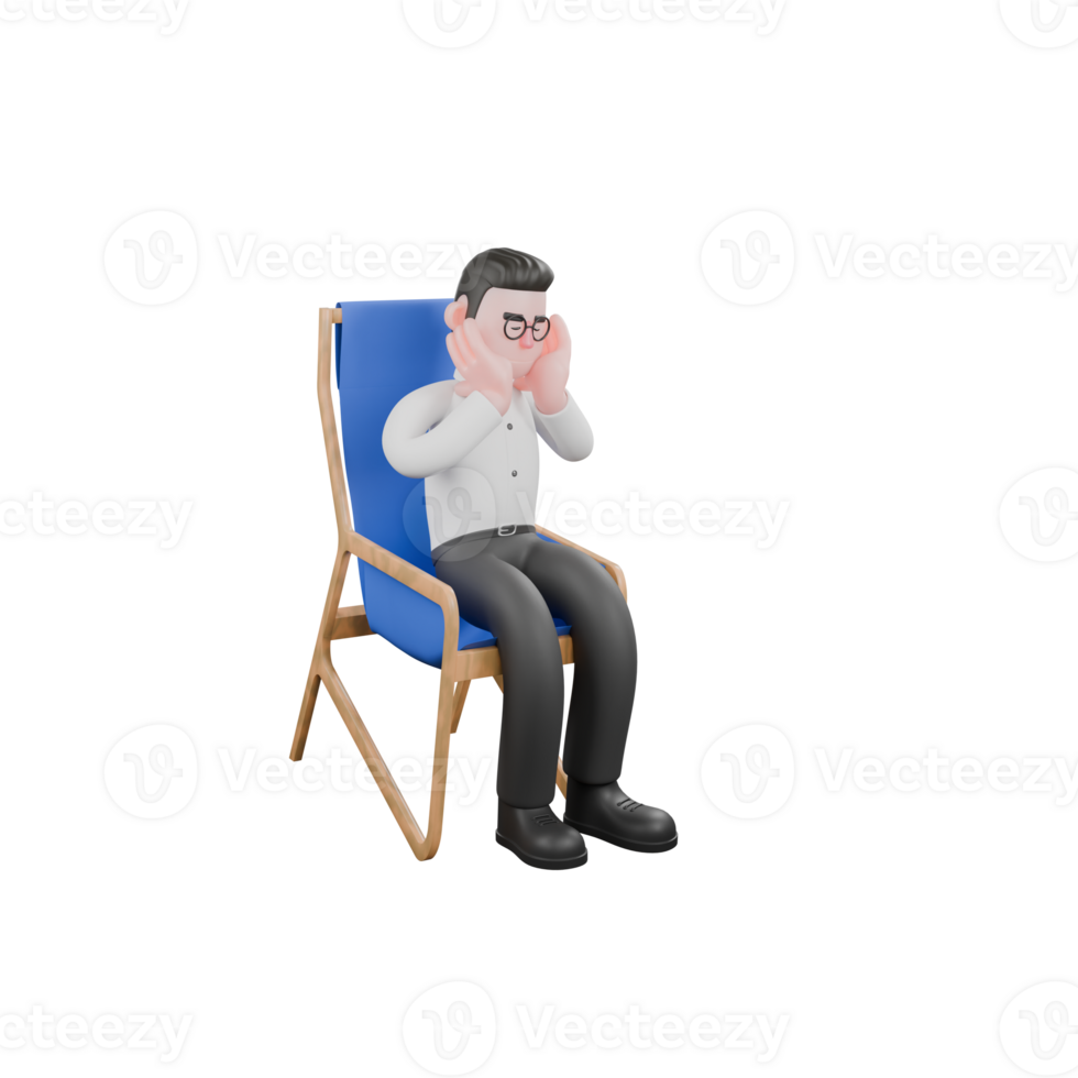 Creative 3D Model. A male producer sits on a chair with both hands holding his cheeks with a thoughtful expression. Professional Cartoon png