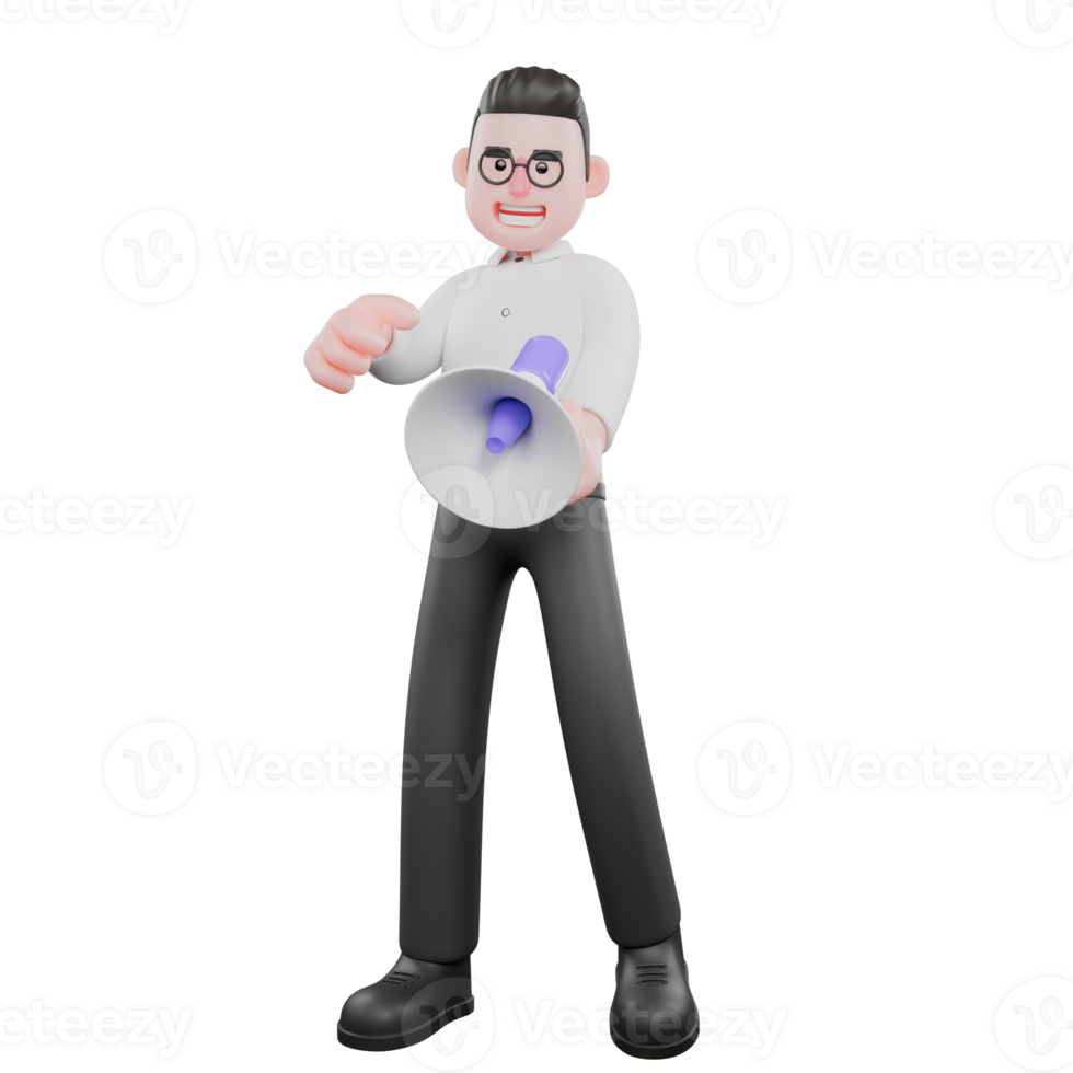 Movie Producer 3D Cartoon. a male producer stands with a loudspeaker in his left hand, a wide smiling expression. Cartoon 3D Model png
