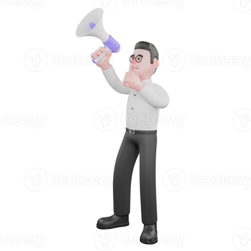 3D Producer Character. A male producer stands with his right hand holding a loudspeaker and his left fist clenched with an excited expression. Studio Style png