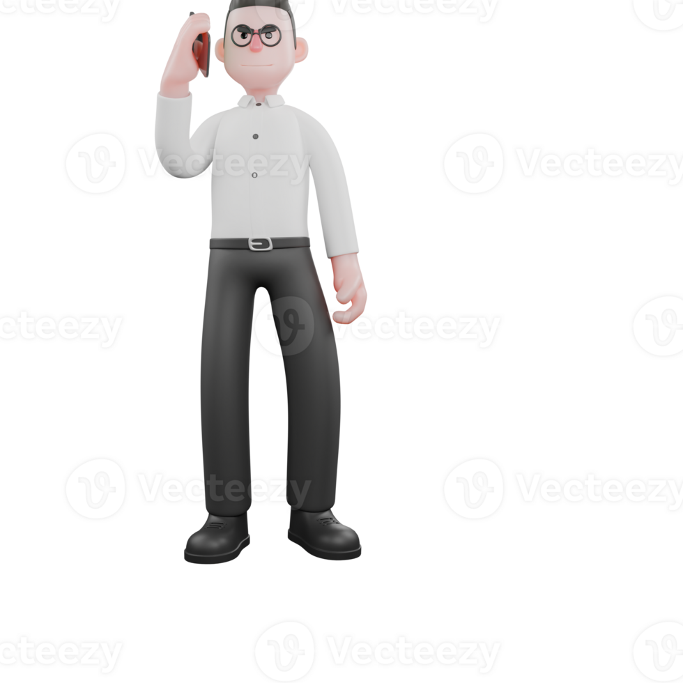 3D Producer Design. A male producer stands with a telephone to his ear, listening with a serious expression. 3D Style png