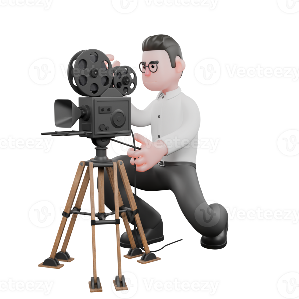 3D Cartoon Model. A male producer crouches next to an analog camera with both hands holding an analog camera. Professional Model png