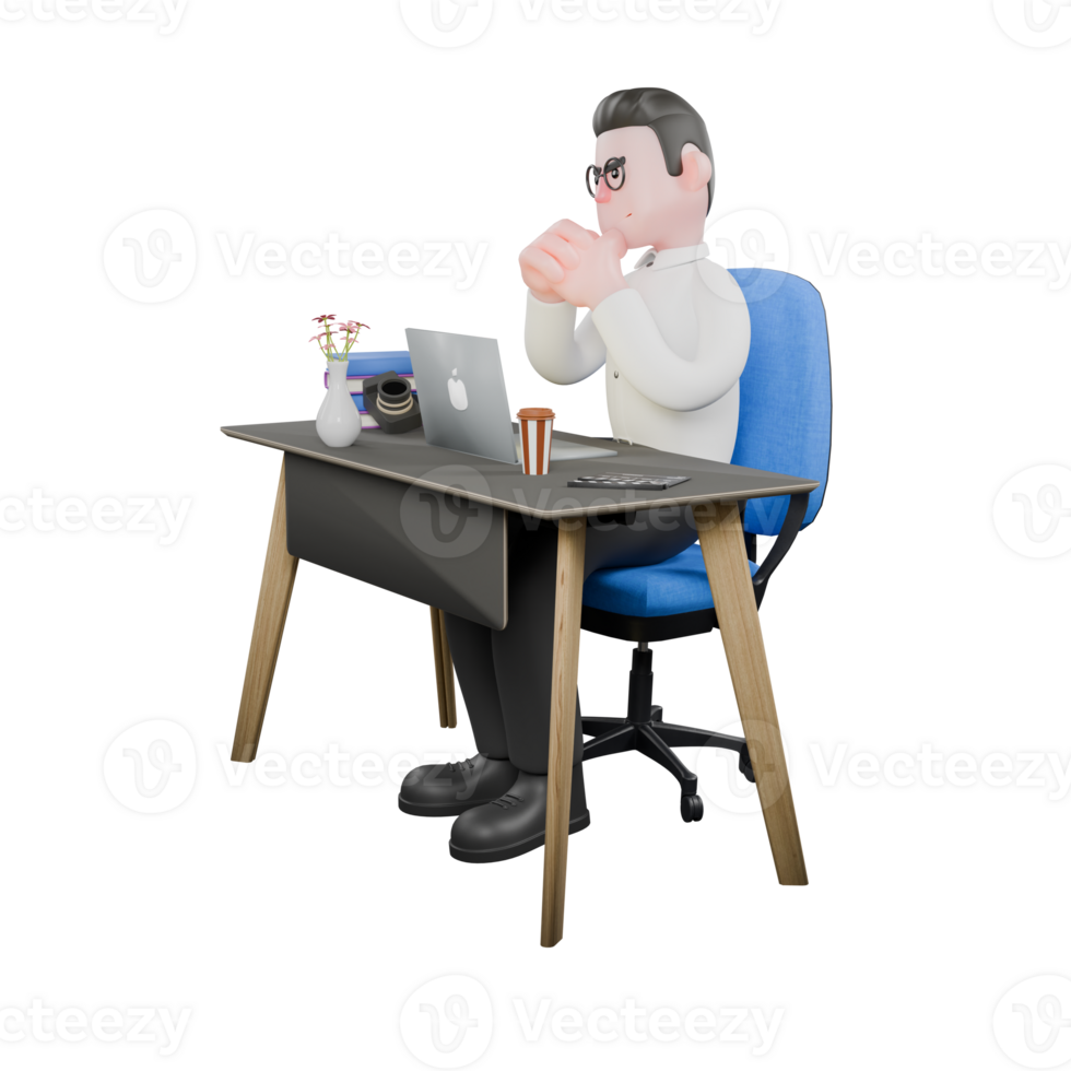 Producer Character in 3D. A male producer sits facing to the right while both hands are clasped together with a serious expression. Studio Style png
