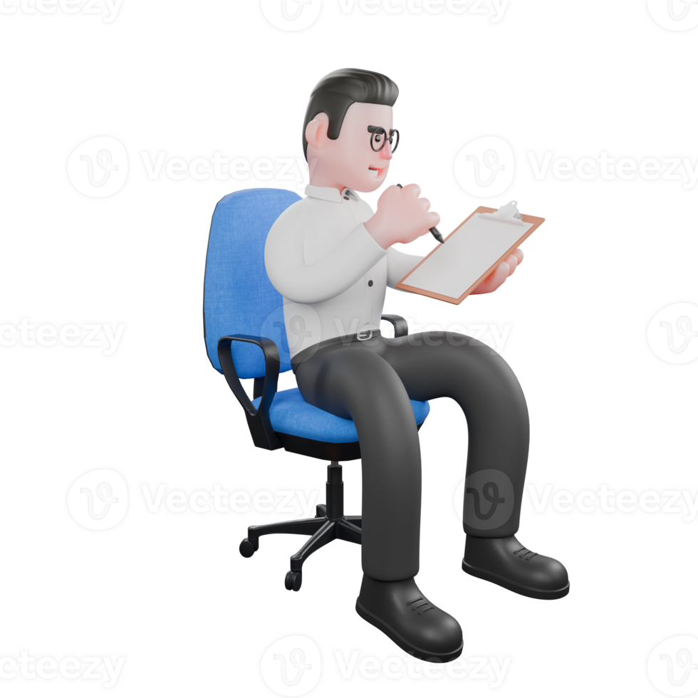 3D Producer Character. A male producer sits on a chair with both hands wanting to write on paper. 3D Style png