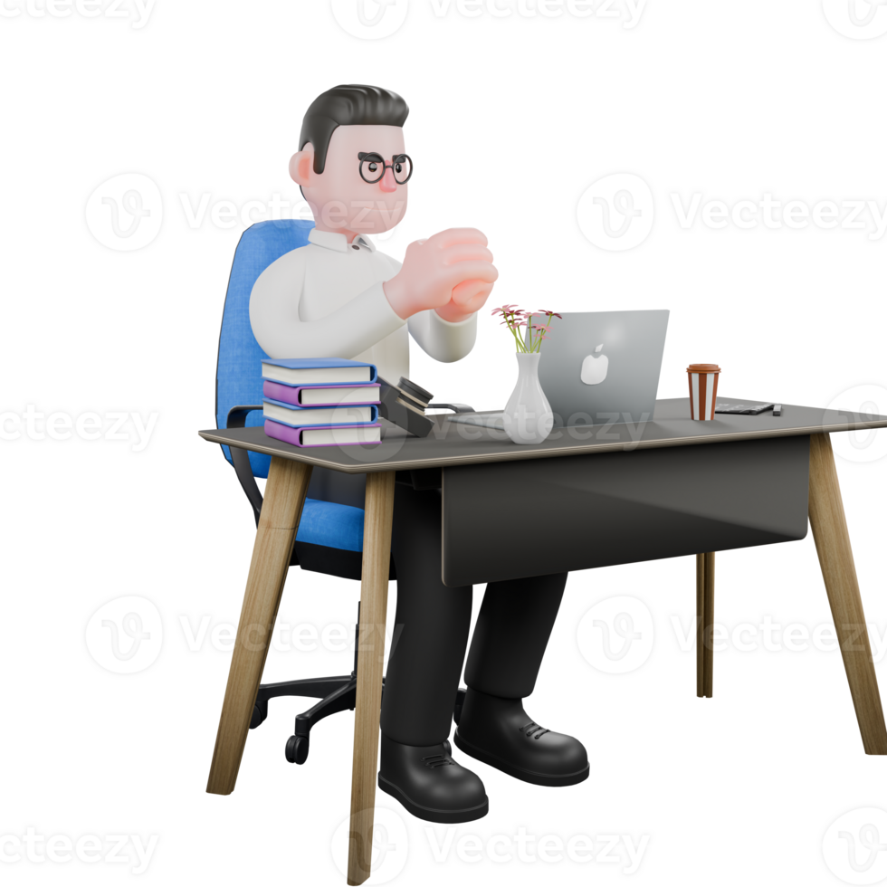 3D Producer Design. A male producer sits with both hands clasped on the table. Director Model png