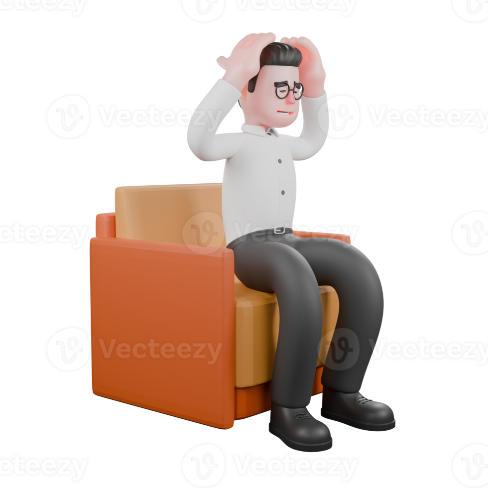 Movie Producer 3D Cartoon. A male producer sits on a sofa with both hands on his head. Professional Illustration png