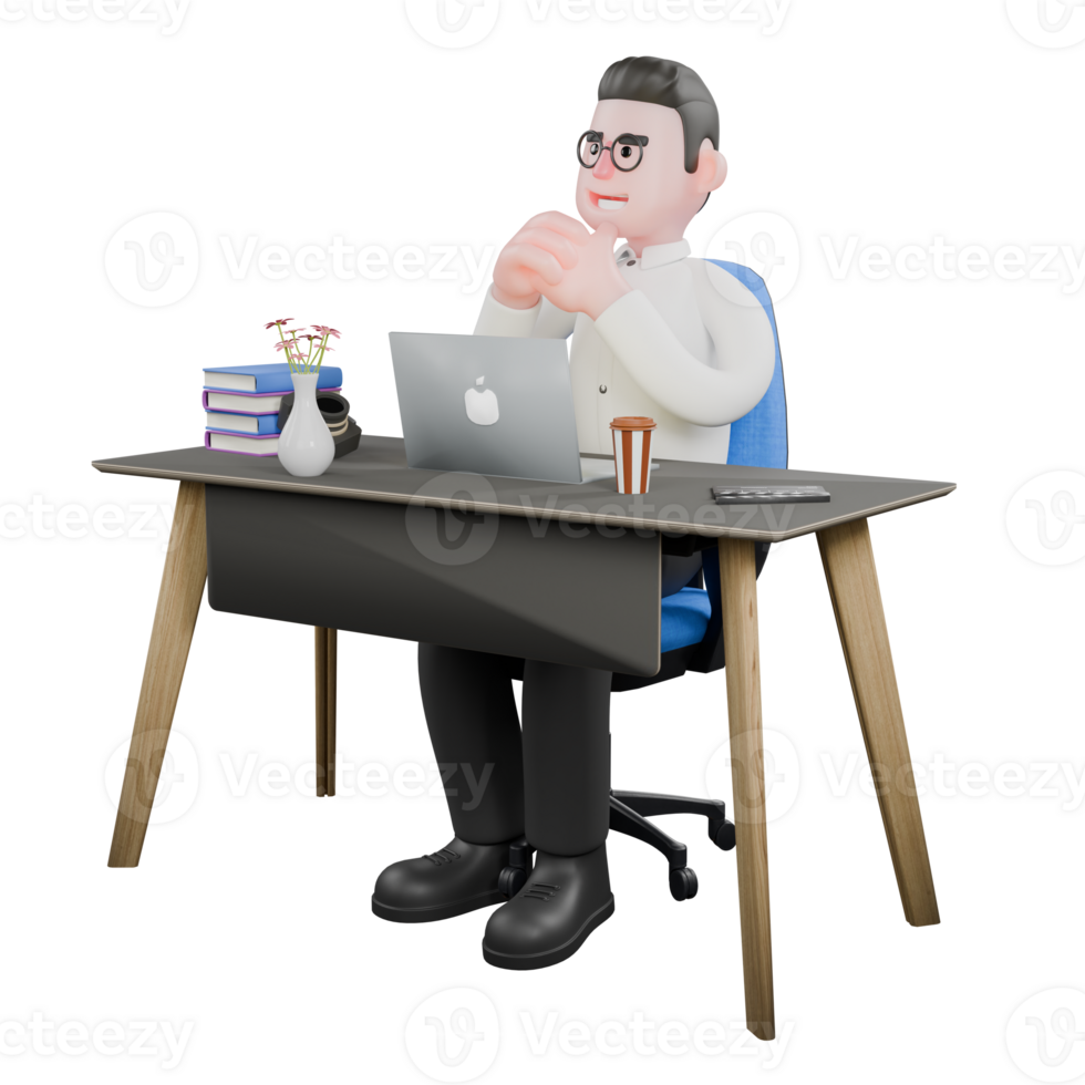 Film Set Cartoon Producer. A male producer sits on a chair with a laptop on a table with both hands clasped together. Studio Style png