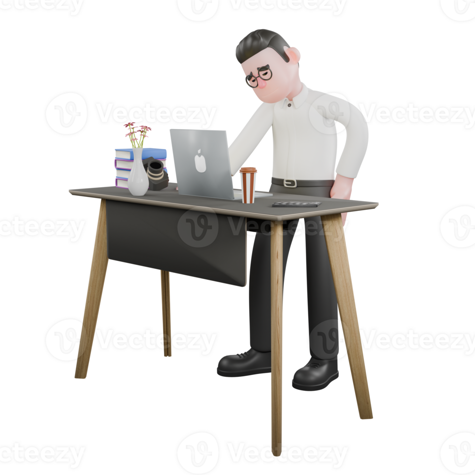 3D Cartoon Model. A male producer stands with a laptop on the table and his left hand is on his hip with an anxious expression. Cartoon 3D Model png