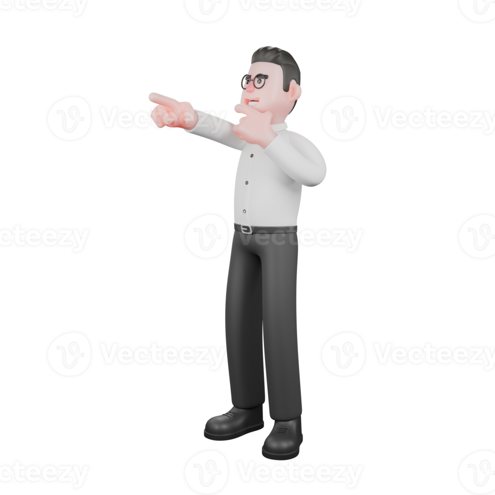 Film Scene 3D Producer. A male producer stands with his right hand pointing forward and his left hand on his chin with a thinking expression. Professional Illustration png