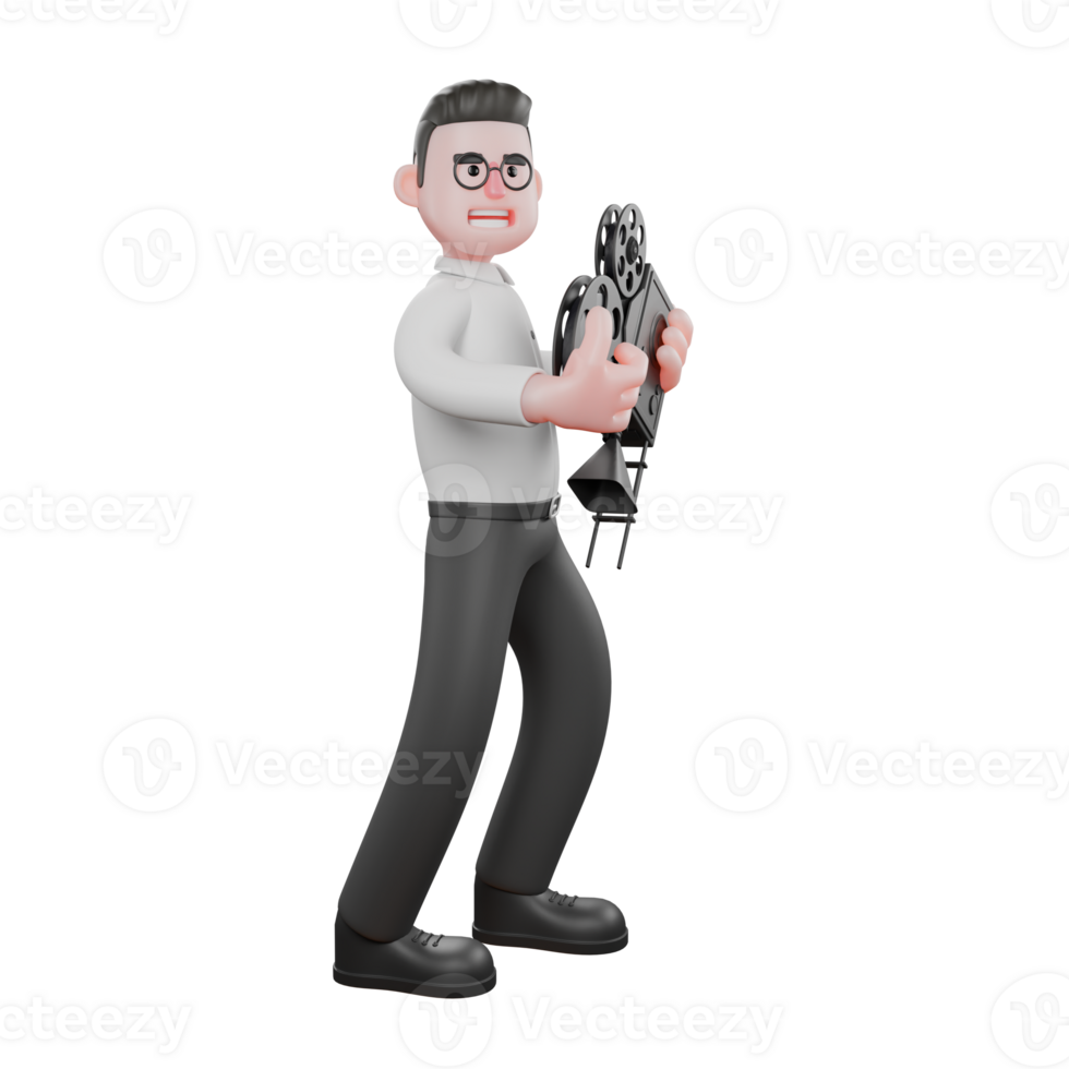 Film Studio Producer. A male producer stands facing the left while both hands hold an analog camera. Cartoon 3D Model png