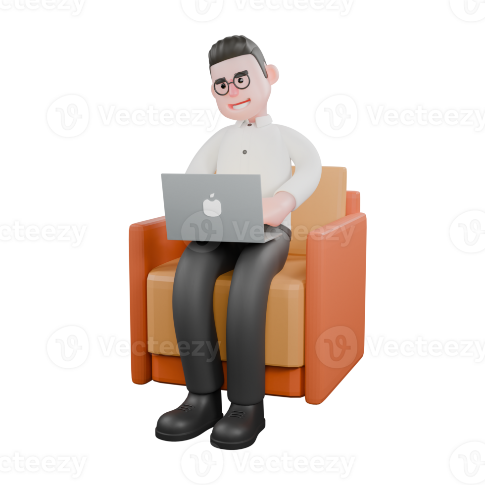 Film Studio Producer. A male producer sits on his lap with both hands typing on the keyboard with a focused expression. 3D Style png