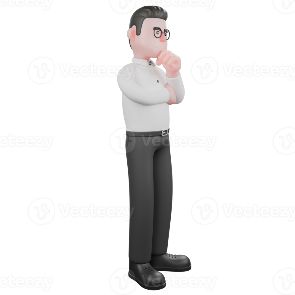 Creative Producer Cartoon. A male producer stands with one hand on his chin while the other is folded in front of his chest. Professional Illustration png