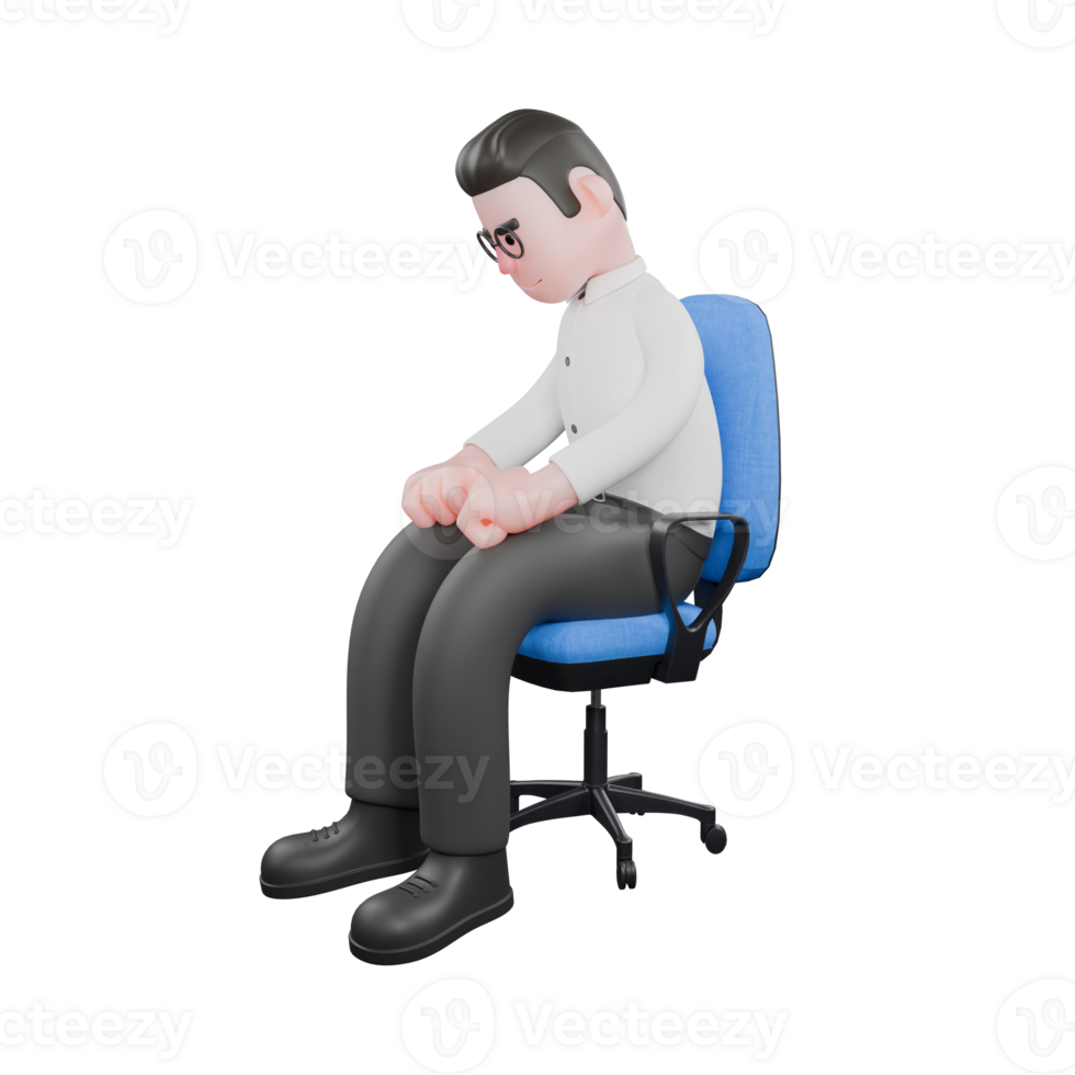 Creative 3D Model. A male producer sits on a work chair with both hands on his thighs and his head lowered. Producer Character png