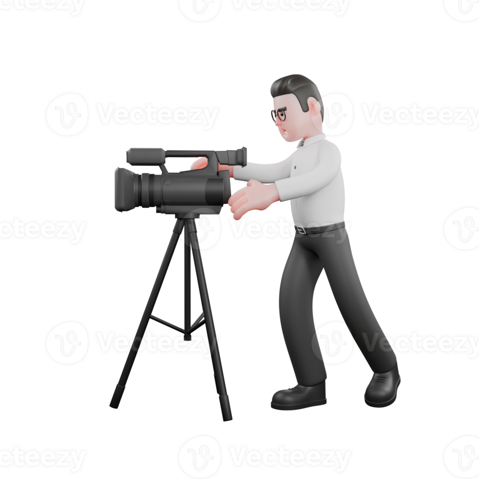 Animated 3D Cartoon. a male producer stands next to a camera with his hand as if he wants to hold the camera. Professional Model png