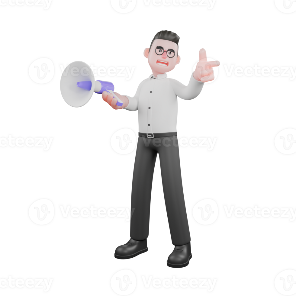 3D Animated Cartoon Producer. A male producer stands while pointing in a certain direction, the other hand carrying a loudspeaker. 3D Style png