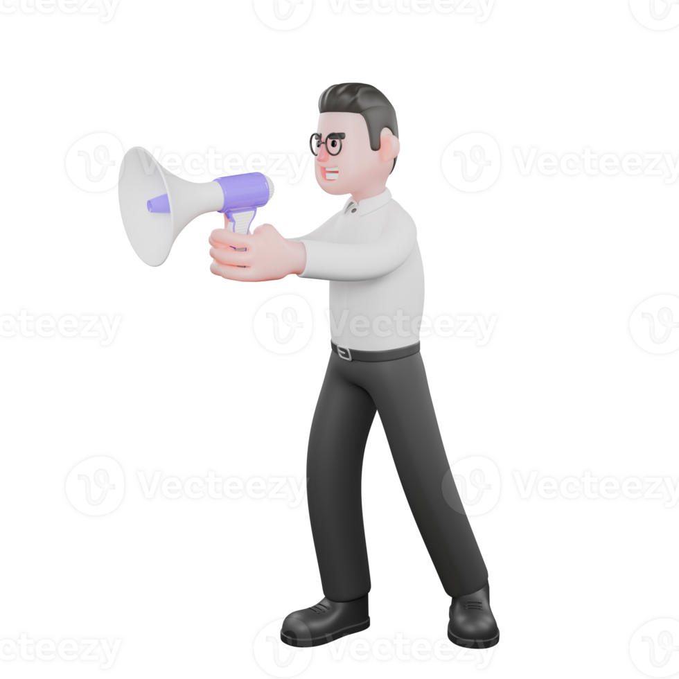 Film Set Cartoon Producer. A male producer walks to the right while holding a loudspeaker in both hands. Cartoon 3D Model png