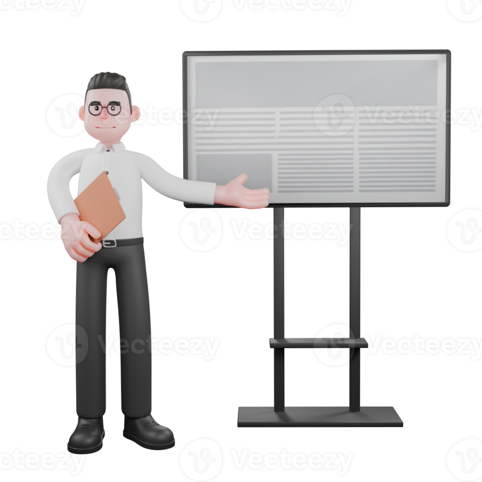 3D Movie Director. A male producer stands next to a whiteboard and his right hand holds a clipboard. Studio Style png