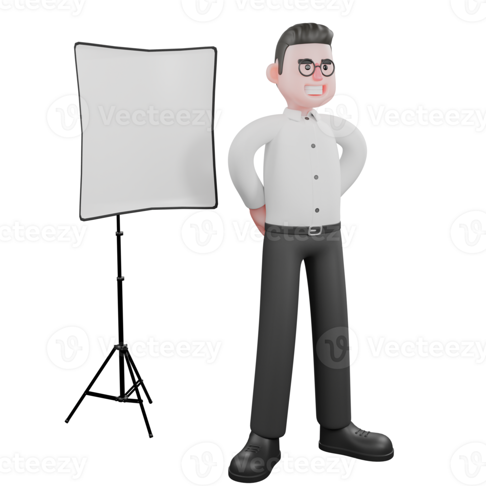 Creative 3D Model. A male producer stands in front of a studio light with both hands behind his body. Cartoon Movie Style png