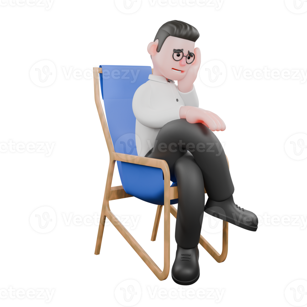 3D Animated Cartoon Producer. A male producer sat on a chair with his legs folded and his left hand holding his cheek, his expression was sad. Professional Style png