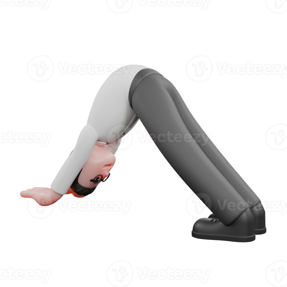 Creative 3D Model. A male producer does the Downward Dog pose, a popular yoga pose for stretching the back and legs. Cartoon Producer png