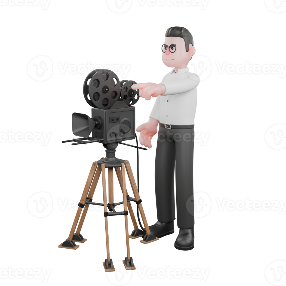 3D Animated Cartoon Producer. A male producer stands behind an analog camera with one hand pointing towards certain. Film Style png
