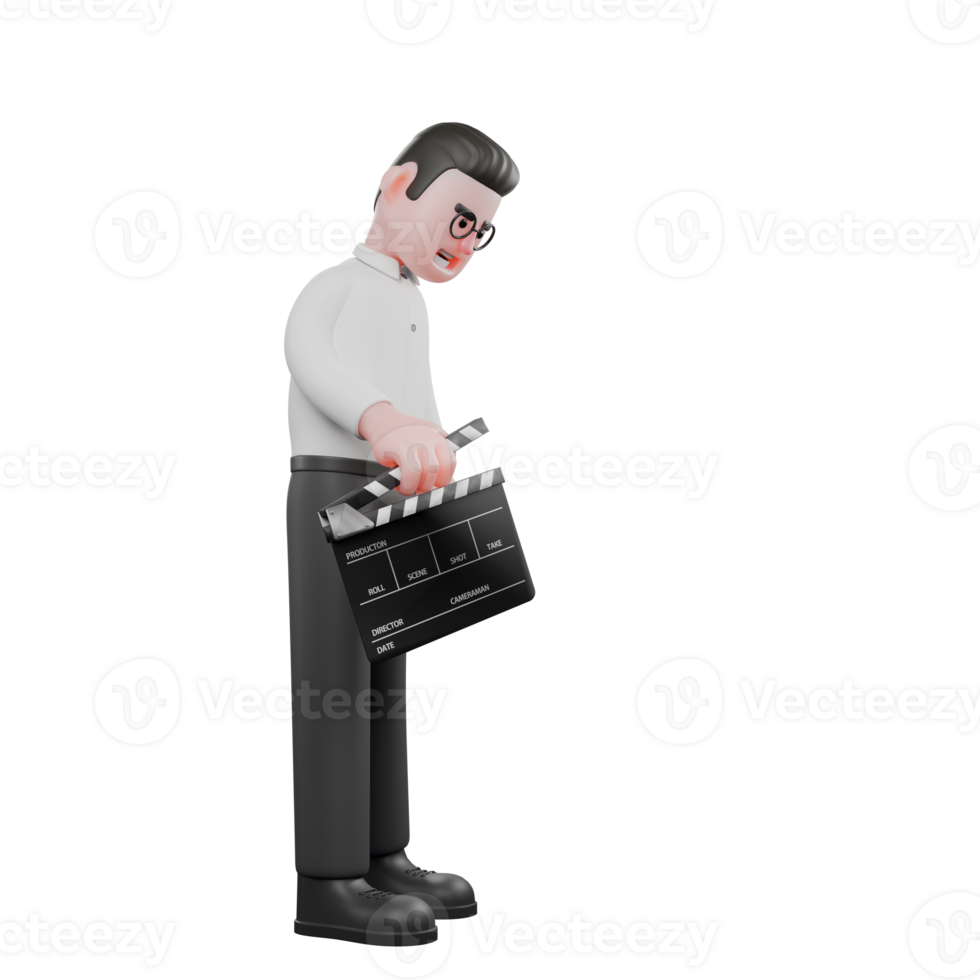 Animated 3D Producer. A male producer stands facing left holding a clap cut board in his hand while his head is lowered. Producer Character png