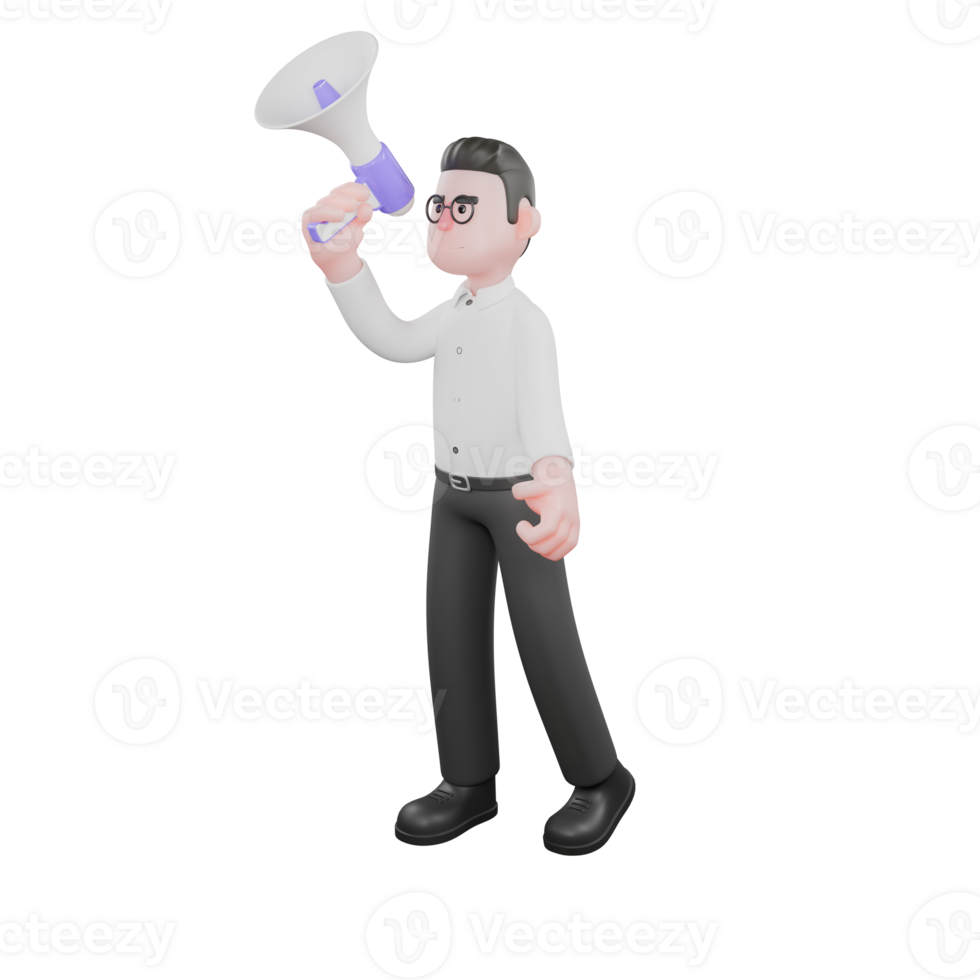 3D Movie Scene Producer. A male producer stands while holding the loudspeaker with his right hand. Animation png