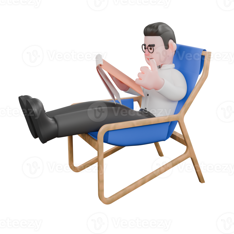 Filmmaker Producer Cartoon. A male producer sits on a chair with his right hand holding a clipboard and his left hand sticking out his thumb. Studio Style png