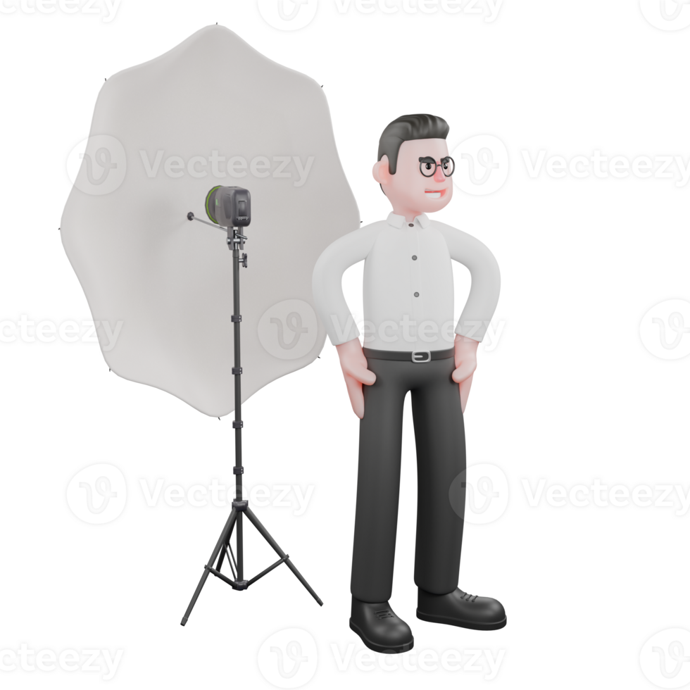 3D Producer Character. A male producer stands in front of a light studio with both hands on his waist. Cartoon 3D Model png