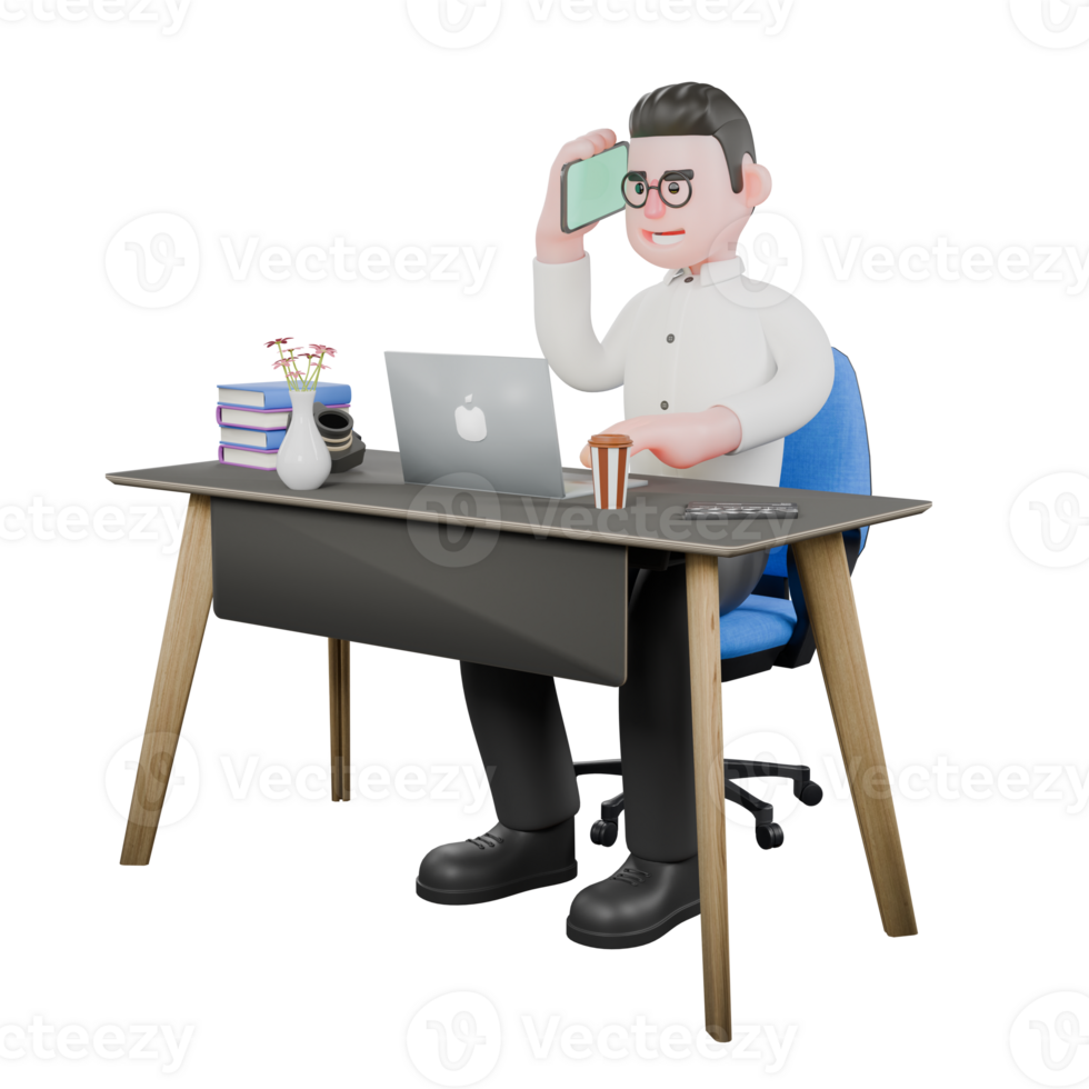 3D Producer Design. A male producer sits on a chair with a laptop on the table with his right hand holding a mobile phone and his left hand typing on the keyboard. 3D Cartoon Model png