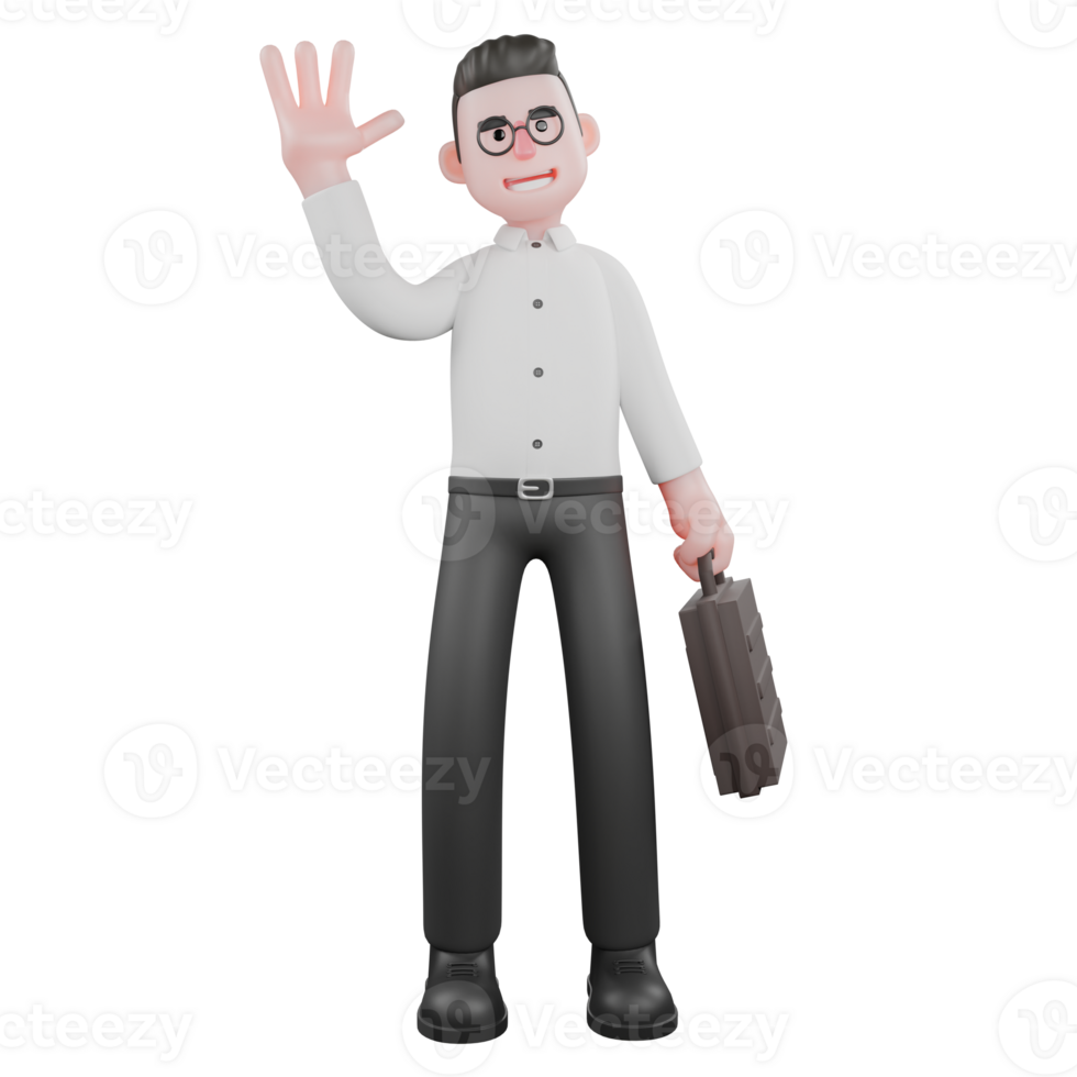 3D Film Producer Cartoon. A male producer stands with his left hand carrying a work suitcase bag and his right hand waving. Director Model png
