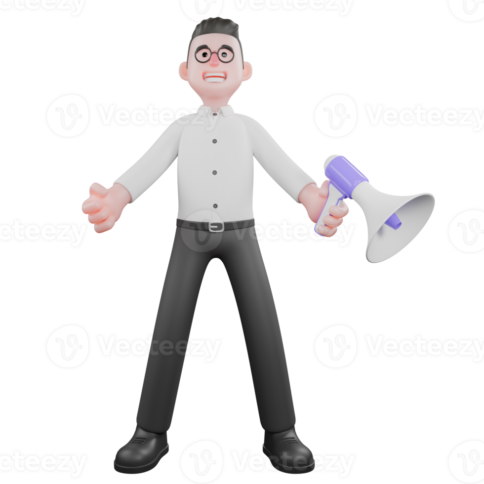 Film Scene 3D Producer. A male producer stands with both hands open and his left hand holding a loudspeaker. Professional Illustration png
