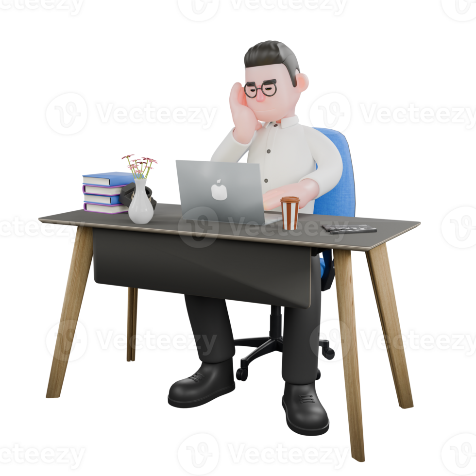 Movie Producer 3D Model. A male producer sits with a laptop on the table and his right hand is propped up on his cheek while his left hand is typing on the keyboard, with a thoughtful expression. png