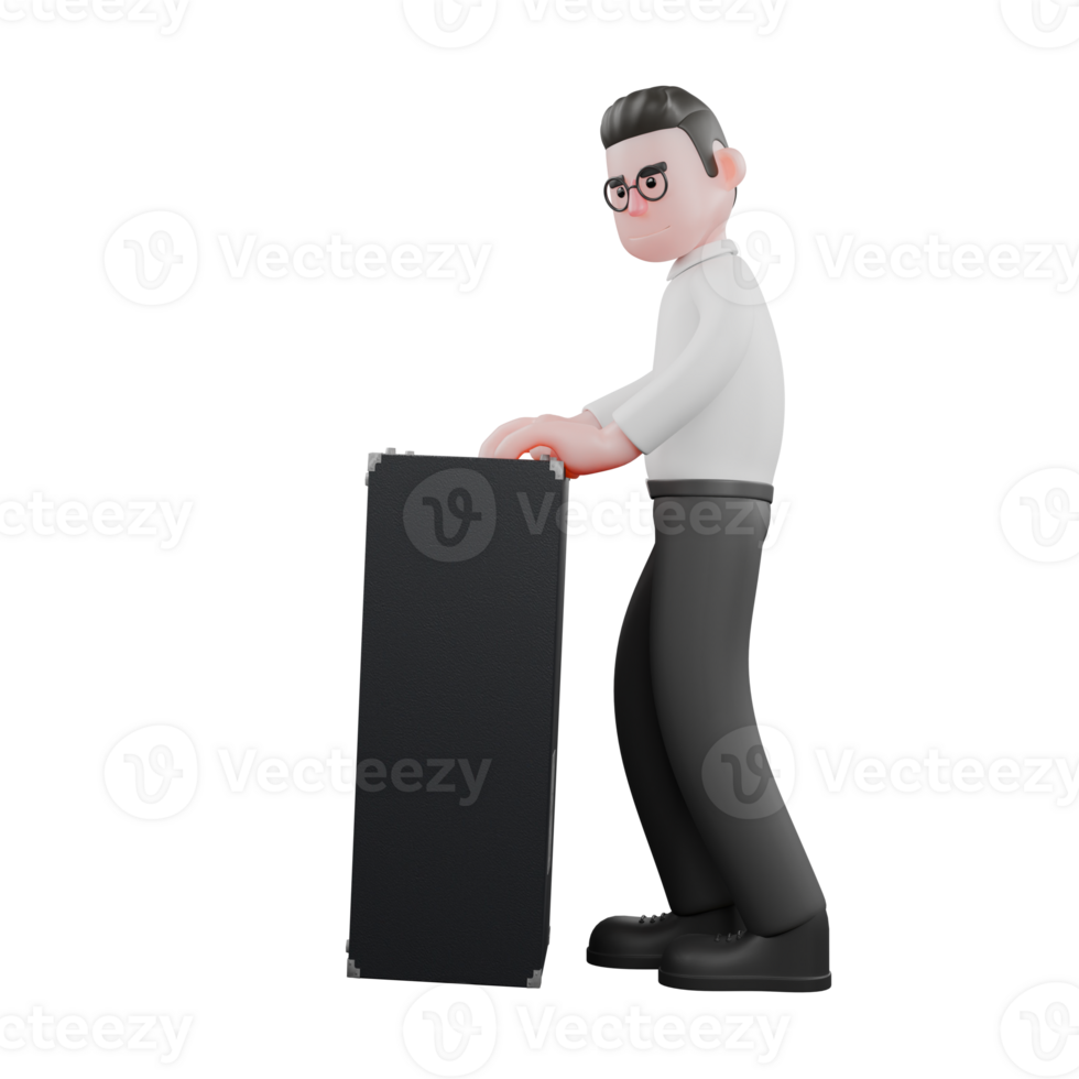 3D Cartoon Model. a male producer stands next to a speaker with both hands on the loudspeaker. Animation png