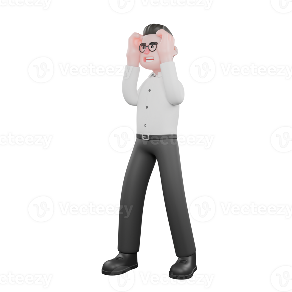 3D Animated Cartoon Producer. A male producer standing with both hands adjusting his glasses, expression ready and focused. Professional Illustration png