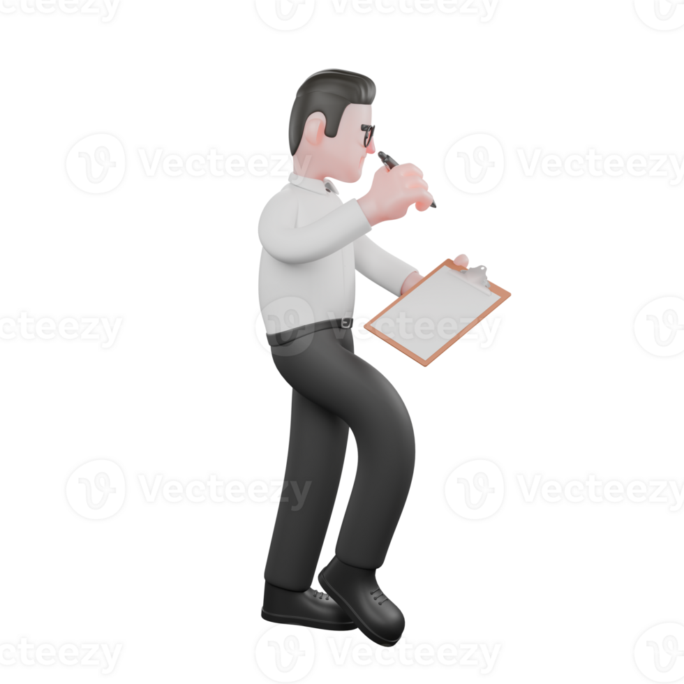 Creative 3D Producer. A male producer walks to the left while holding a pen in his right hand and a clipboard in his left hand. Movie Style png