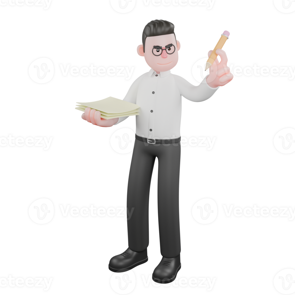 Animated Producer 3D Model. a male producer stands while holding a pencil and some papers. Cartoon Style png